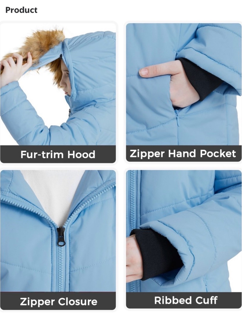 Girls' Pale Blue Quilted Hooded Puffer Coat - Picture 4 of 14